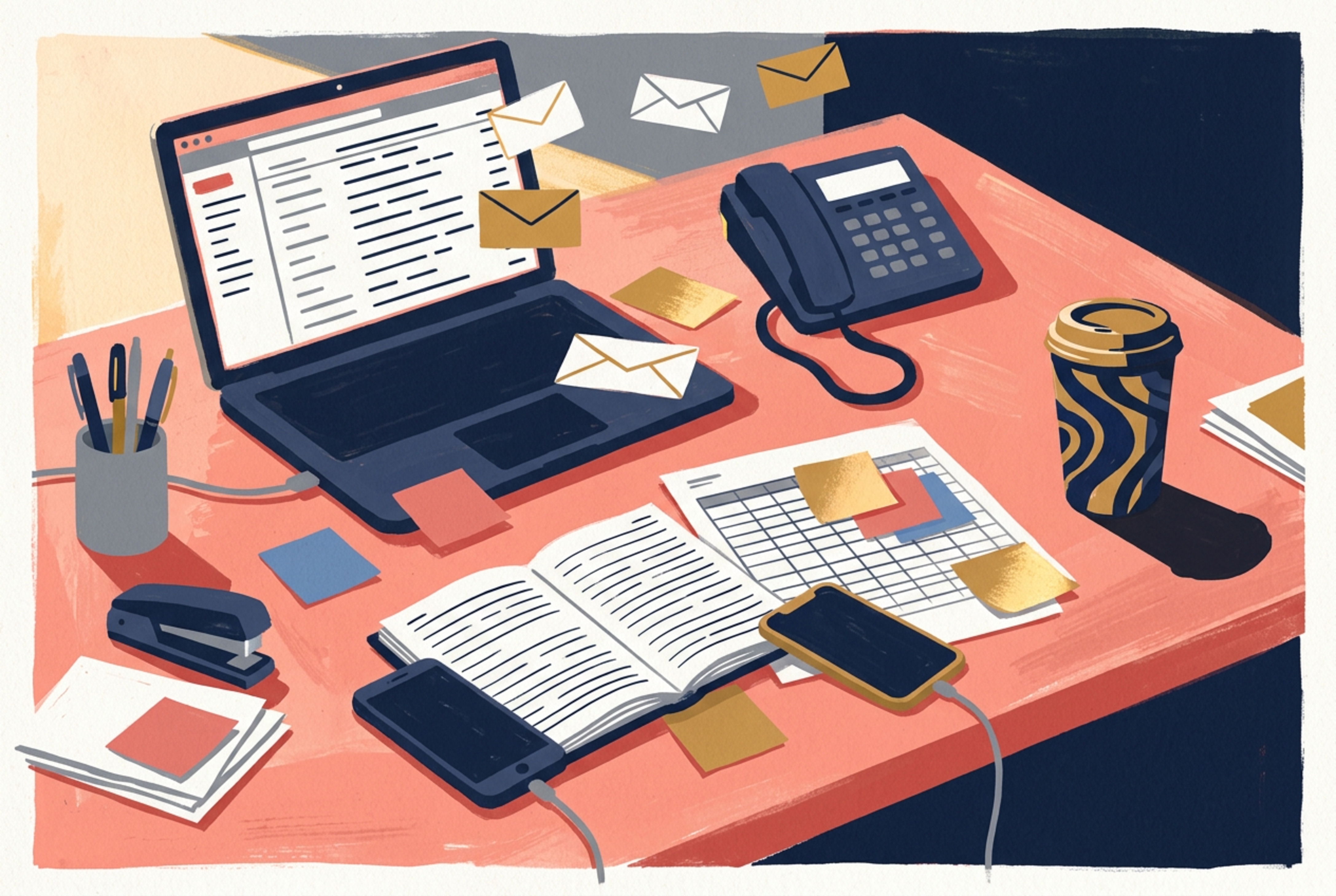 Capture illustration — cluttered office desk with Post-it notes, ringing phone, multiple email tabs