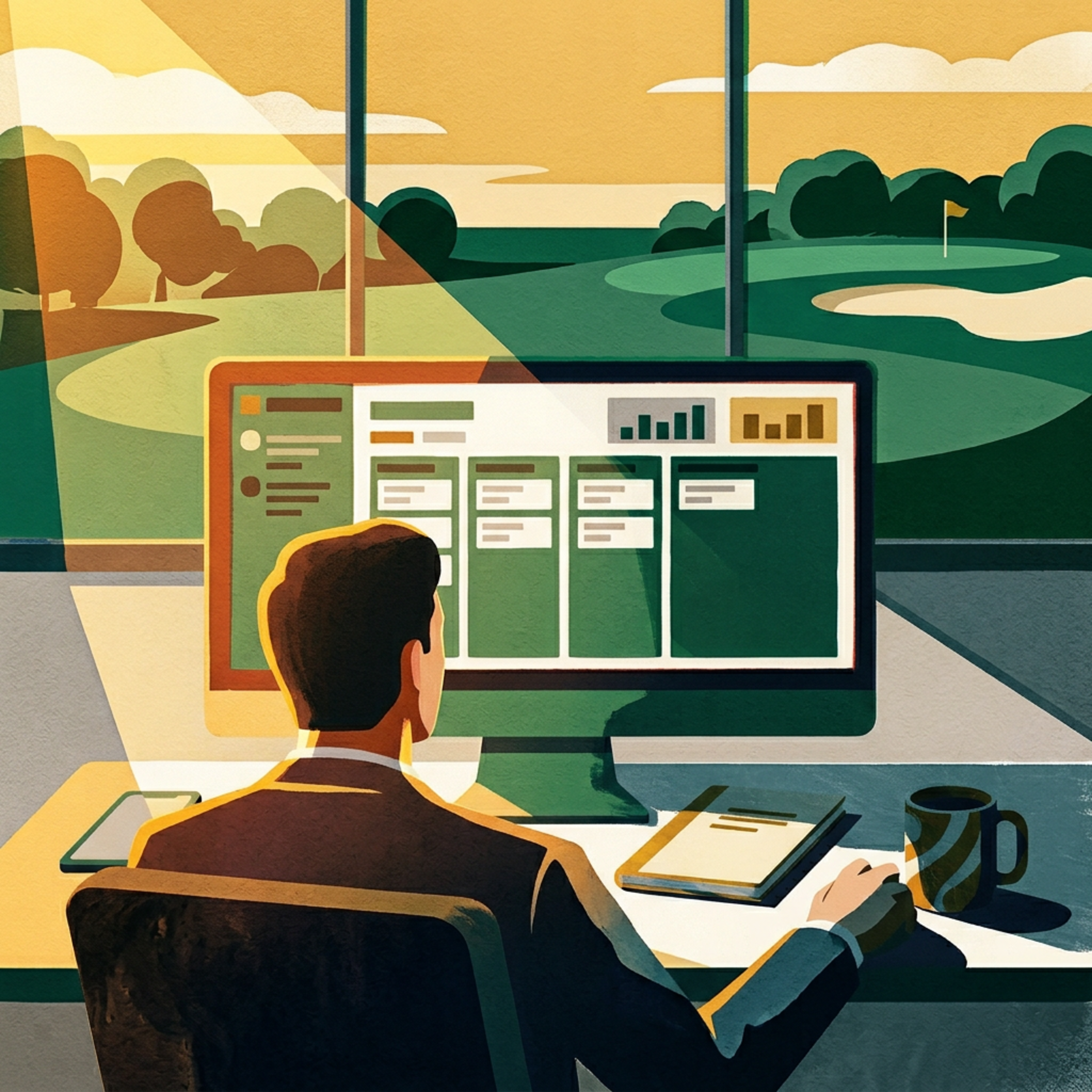 Capture illustration — GM at desk with clean dashboard, morning light, golf course through window
